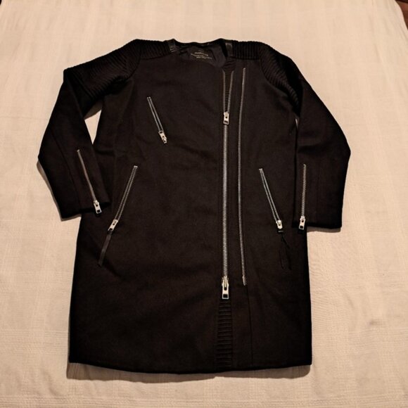 All Saints womens size 2 black Sharr coat, 80% wool, leather collar - Picture 1 of 13
